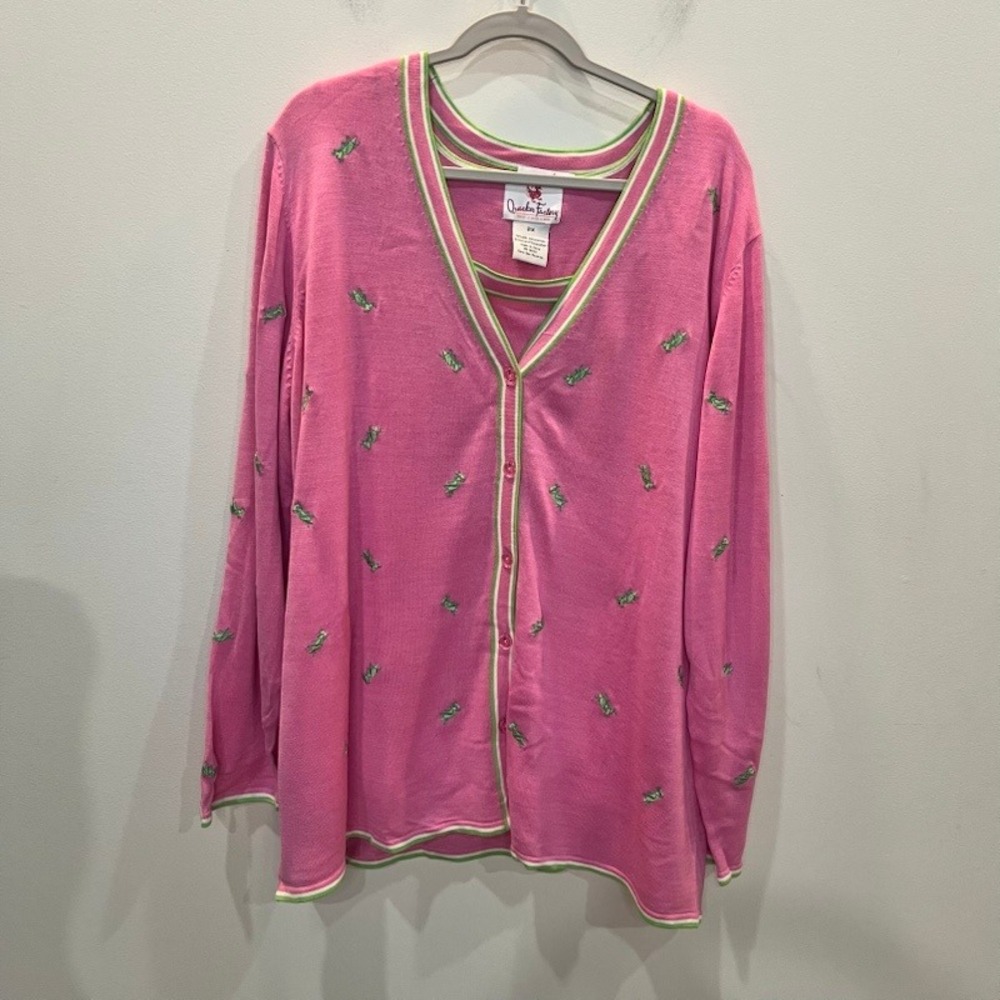Quacker Factory Embroidered Grasshopper Silk Sweater Set Size 2X Pink Whimsical